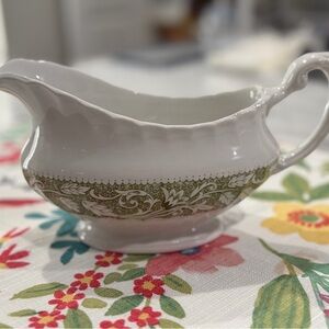 Vintage Ceramic Gravy Boat with Olive Green Paisley Border